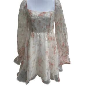 Floral Cream Sheer Ruffle XS Bridgerton Romantic Coquette Cottage Babydoll Dress